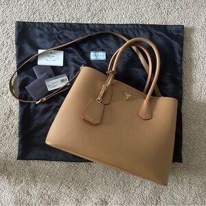 PRADA Saffiano Cuir Large Double Bag in Caramel and Fuoco